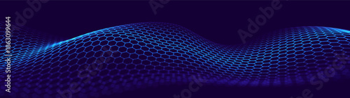 Hexagon Mesh Grid Waves on Dark Background. Tech Science or AI Innovation Banner Backdrop. Nanotech Abstract Digital Shield Surface or Landscape. Vector Illustration.
