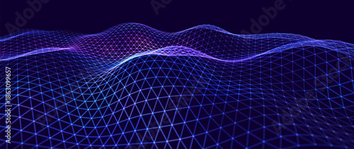 Hexagon Mesh Grid Waves on Dark Background. Tech Science or AI Innovation Banner Backdrop. Nanotech Abstract Digital Shield Surface or Landscape. Vector Illustration.
