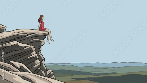 Woman sitting on a cliff with legs hanging down in a free space landscape
