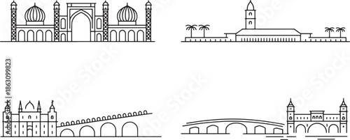 Collection of international city skylines and landmarks in linear style vector illustration