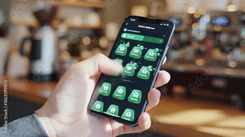 Close-up of a hand holding a smartphone displaying a loyalty points balance interface with rewards and benefits options in a dimly lit setting