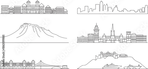 Collection of various global cities skylines and famous landmarks thin line art architecture set