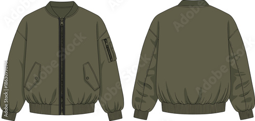 Olive green bomber jacket technical fashion sketch showing front and back views with zipper details, pockets, and ribbed cuffs for manufacturing