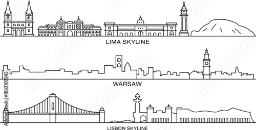 Lima warsaw lisbon skylines collection thin line art minimal cities set with architectural landmarks