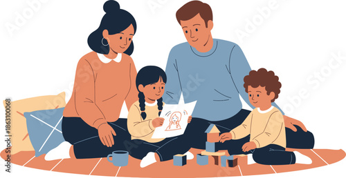 Illustration of a family with two children sitting on a mat reading and playing with blocks in a cozy setting.