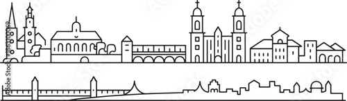 Linear depiction of capitol architecture with surrounding rolling hills and park elements simple style