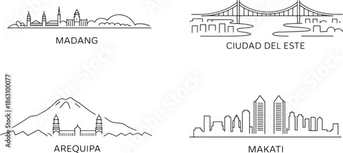 Madang ciudad del este arequipa makati city skylines vector outlines for design