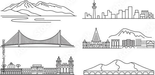 Mandalay city skyline thin line illustration vector cityscape overview featuring ancient royal palace architecture