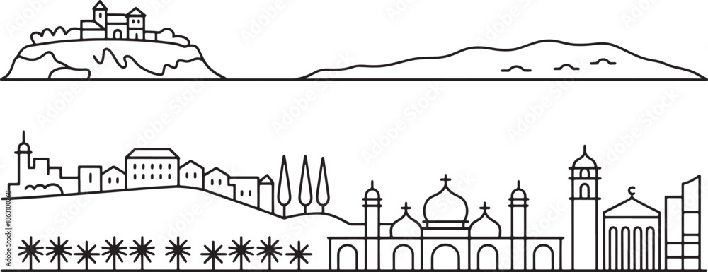 Obraz premium Outline of historical mediterranean town on hill overlooking scenic natural landscape background