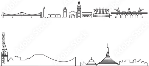 Outline drawing of prominent global city skylines featuring landmarks and bridges