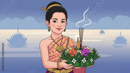 Woman in traditional thai clothing holding a loy krathong floral arrangement with incense and candles by a serene lake at sunset with boats and floating flowers