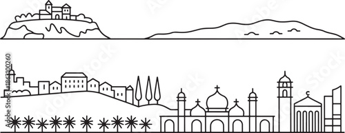 Outline of historical mediterranean town on hill overlooking scenic natural landscape background