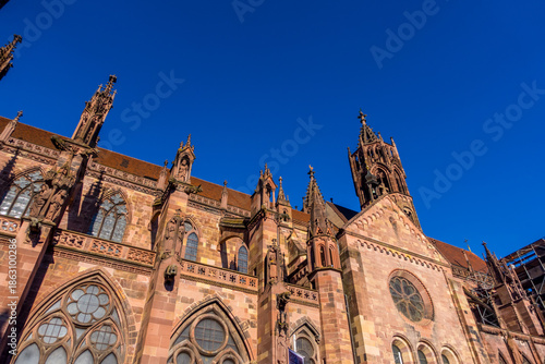 Low-angle view of Freiburg Cathedral (Muenster) in Freiburg, Germany