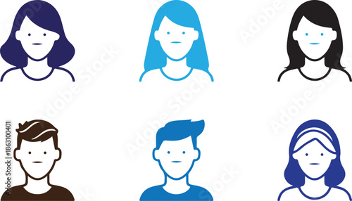 a collection of six simple flat design icons depicting diverse human faces showcasing both male and female representations in various