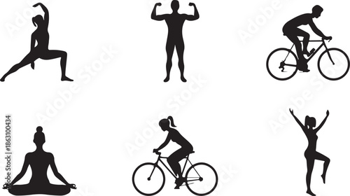 A collection of minimalist black silhouettes depicting various athletic activities like yoga cycling meditation and strength training exercises high quality
