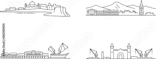 Set of four historical and coastal city outlines representing global travel landmarks