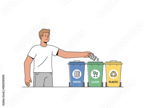 Man Sorts Waste for Recycling Into Labeled Bins Paper Glass Plastic