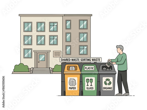 Person Sorting Waste at Multi Compartment Recycling Bin Outside Residential Building