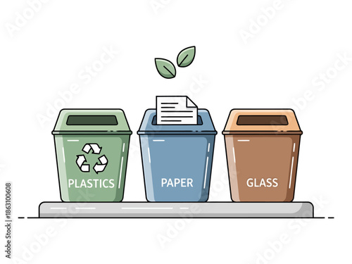 Three Recycling Bins Labeled Plastics Paper and Glass with Green Leaves for Environmental Care Concept