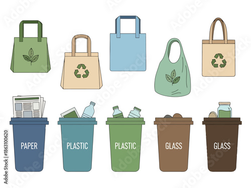 Sustainable Shopping Bags and Recycling Bins for Waste Separation