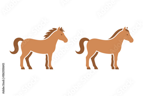 Two brown ponies standing side by side isolated on white background, Vector, illustration