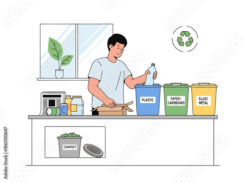 Person sorting household waste into designated recycling bins for sustainable living and environmental care