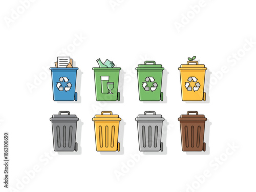 Collection of Recycling and Waste Bins with Sorting Icons