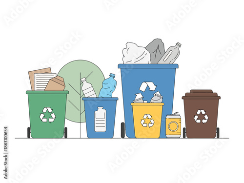 Eco friendly waste management and recycling bins with sorting symbols
