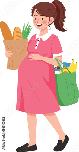 Pregnant woman carrying grocery shopping bag, healthy lifestyle, motherhood concept, flat illustration, expecting mother, daily routine, nutrition, family life