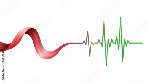 Red ribbon turning into a green ecg heartbeat line on white background, symbolizing health and wellness, medical concept with vibrant colors