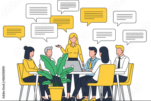 Business team meeting vector illustration with discussion speech bubbles collaboration brainstorming and corporate communication concept