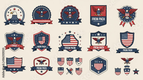 Collection of american patriotic emblems, badges, and labels with eagles, flags, and stars in red, white, and blue colors for independence day, freedom, and patriotism