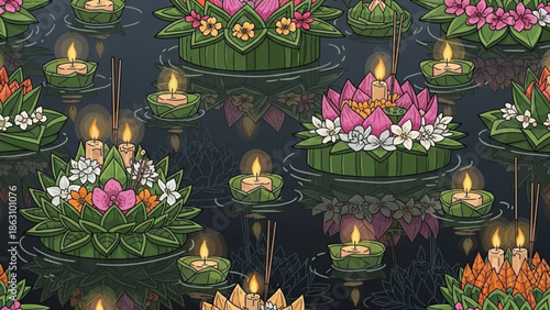 Floating candles on decorative green leaf boats with pink, white, and orange flowers on dark water for loy krathong festival with festival lights