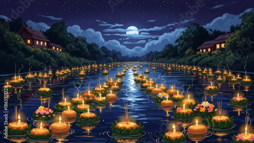 Many floating candles with flowers on a serene river at night under a full moon with cozy houses on the shore with night scene and peaceful landscape
