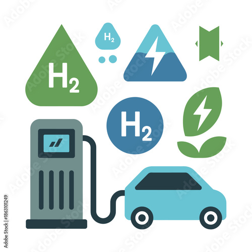 Hydrogen fuel cell vehicle is refueled at an H2 charging station icon set.