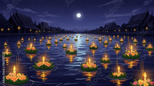 Many floating candles with flowers on water at night with full moon, peaceful and serene scene with buildings in background, loy krathong festival