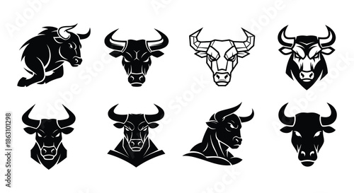 Collection of black and white bull head illustrations in various styles