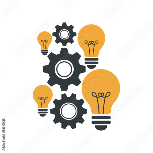 Gears and light bulbs illustrate mechanical process developing new.