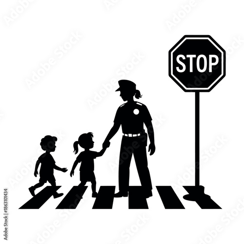 Police officer silhouette safely guides small children across a marked.