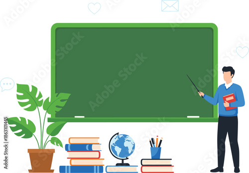 Teacher standing near chalkboard vector illustration with classroom education elements books globe and learning concept