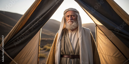 An elderly biblical prophet like Abraham or Moses standing in a desert tent. Portrait of an ancient patriarch in traditional robes at sunrise