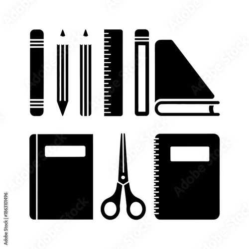 Stationery tools feature pencils, scissors, and various notebooks forming.