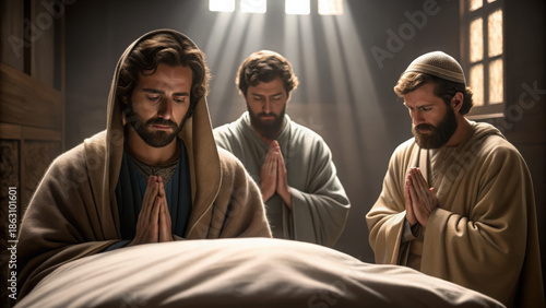 Disciples praying over the body of Jesus Christ in the tomb. Biblical scene of mourning and lamentation. Christian faith and the story of the resurrection