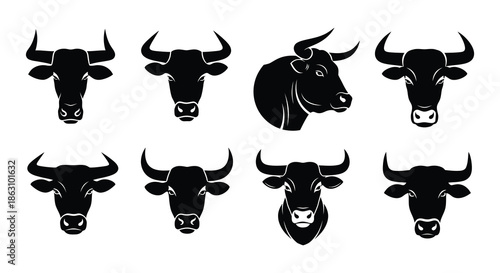 Collection of black and white bull head illustrations in various styles