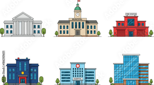 Public city buildings vector set with municipal government fire station police hospital and office architecture