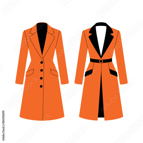Two professional women's long orange trench coats are shown with different.