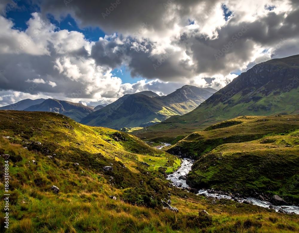 Obraz premium Dramatic Scottish Highlands Landscape with River and Cloudy Sky.