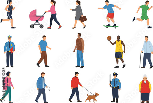 People daily activities vector set with walking running working sports parenting and lifestyle characters isolated