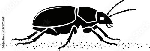 Black Silhouette of a Beetle Crawling on Sandy Ground Clean Vector Graphic
