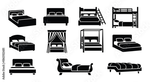 Variety of bed and furniture icons in a minimalist black and white style